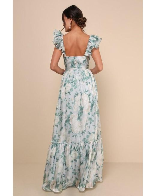 Lulus Blue Soiree Perfection Floral Ruffled Tiered Maxi Dress
