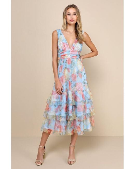 Lulus Blue Perfectly Divine Floral Tulle Tiered Ruffled Midi Dress