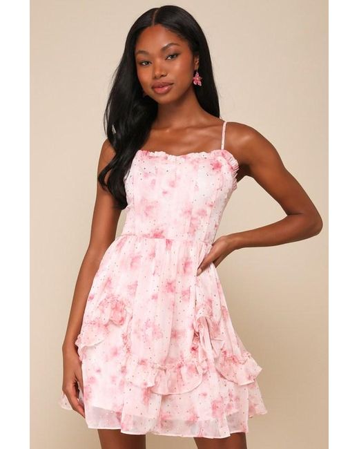 Lulus Pink Cutest Sight Light Floral Sleeveless Ruffled Mini Dress