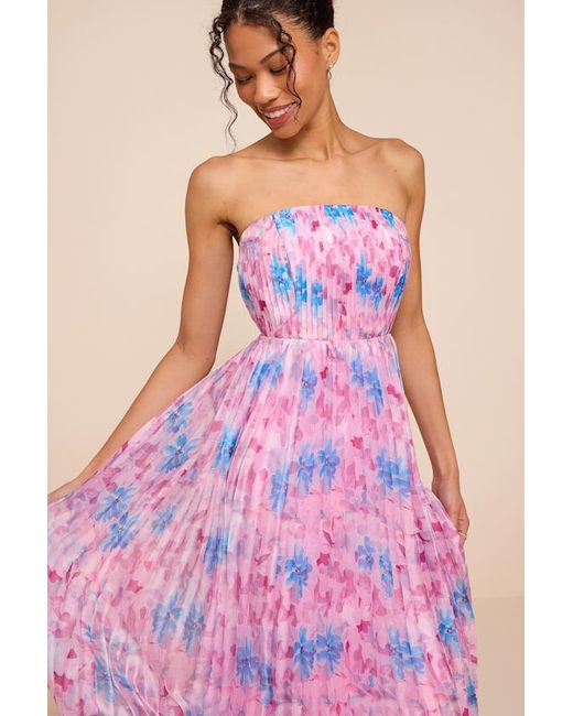 Lulus Pink Kymani Multi Floral Pleated Midi Dress