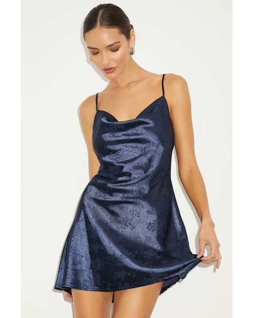 Lulus Blue Close To Your Heart Satin Jacquard Cowl Slip Dress
