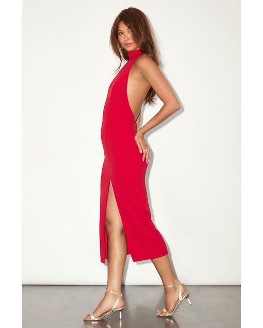 Lulus Red Keep It Interesting Asymmetrical Cutout Halter Midi Dress