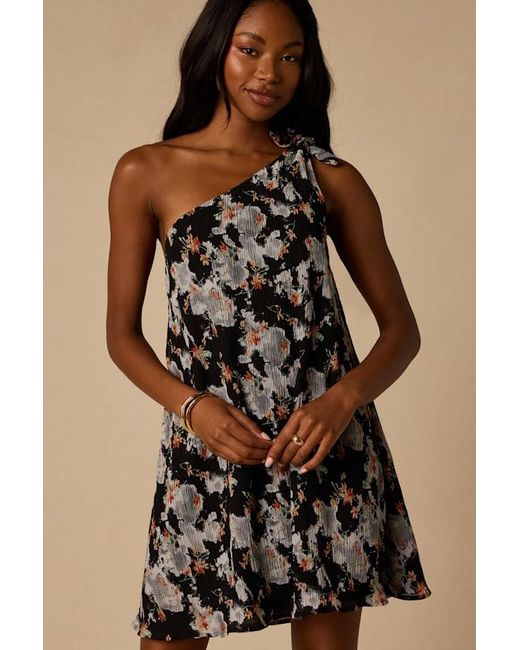 Lulus Black Aralia Multi Floral One-Shoulder Shift Mini Dress