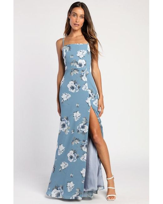 Lulus Blue Feeling Elegant Floral Print Lace-Up Slit Maxi Dress
