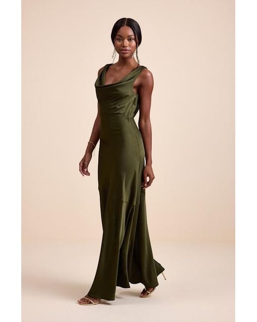 Lulus Natural Aernah Satin Cowl Tie-Back Slip Maxi Dress