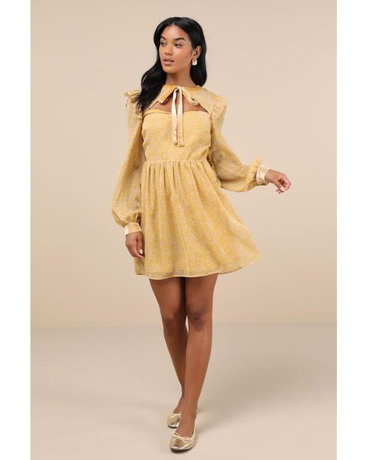 Lulus Natural Posh Impression Floral Print Tie Neck Mini Dress