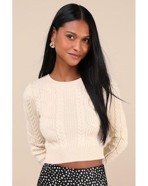 Lulus Natural Cuddly Contentment Cream Cable Knit Cropped Sweater
