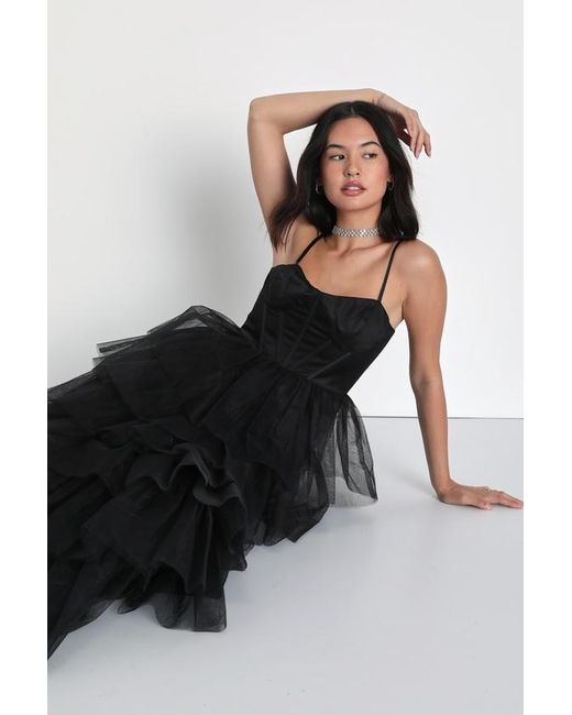 Lulus Black Rule The Runway Tulle Bustier Tiered Maxi Dress