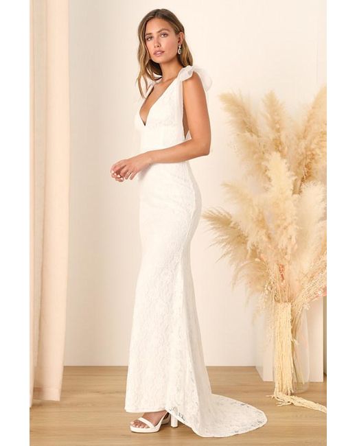 Lulus Natural Eternally Yours Lace Tie-Strap Mermaid Maxi Dress
