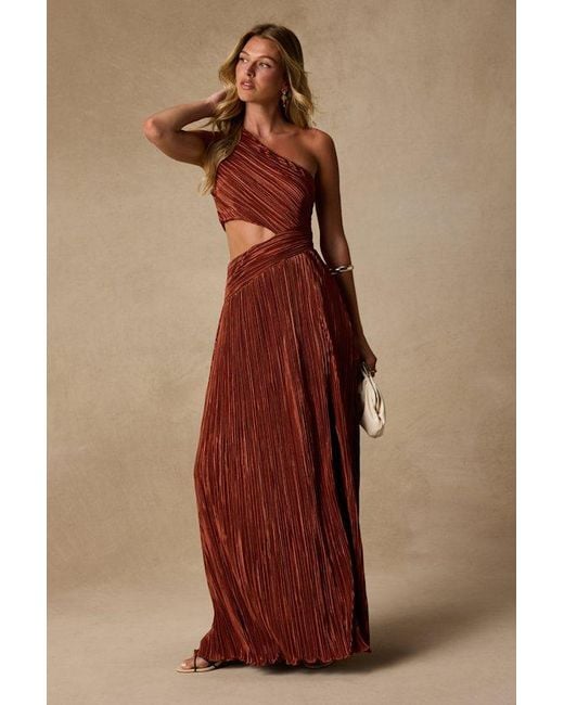 Lulus Orange Rocca Rust Plisse Pleated Cutout One-Shoulder Maxi Dress