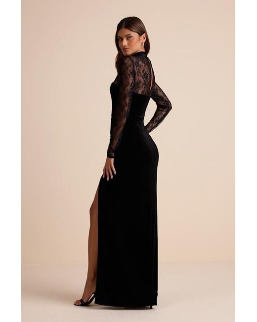 Lulus Avalia Velvet Lace Mock Neck Maxi Dress in Black | Lyst