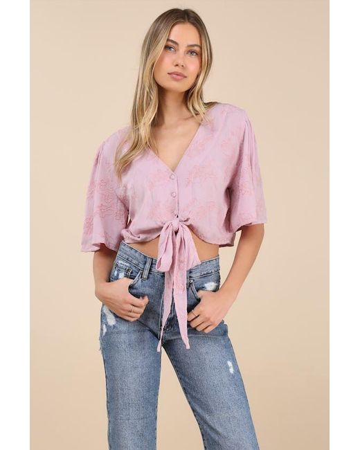 Lulus Pink Delightful Darling Floral Embroidered Tie-Front Crop Top