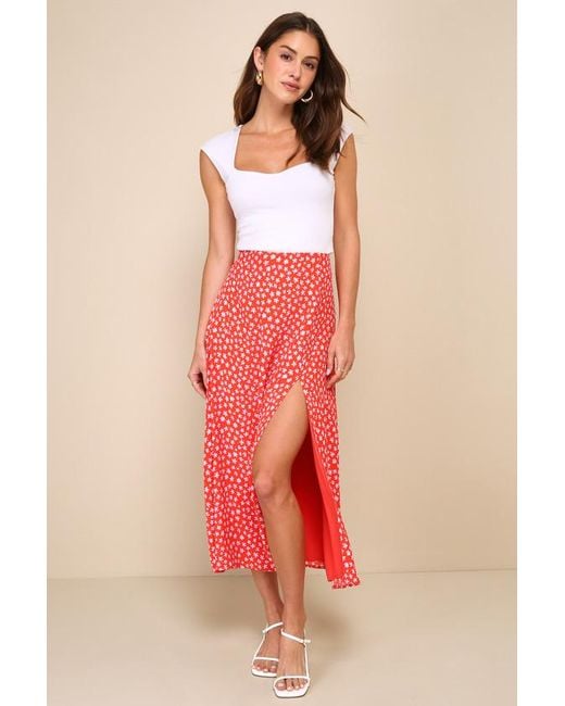 Lulus Pink Cute Desires Ditsy Floral Print High-Rise Midi Skirt