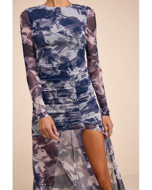 Lulus Blue Vibrant Poise Floral Print Mesh Ruched Maxi Dress