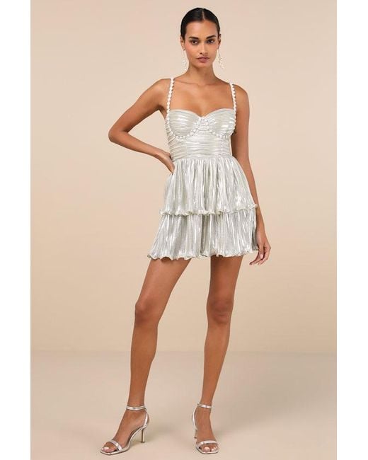 Lulus Natural Glorious Shine Metallic Pearl Tiered Mini Dress