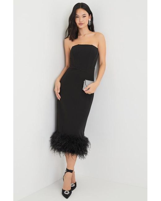 Lulus Black Fancy Behavior Bustier Strapless Feather Midi Dress