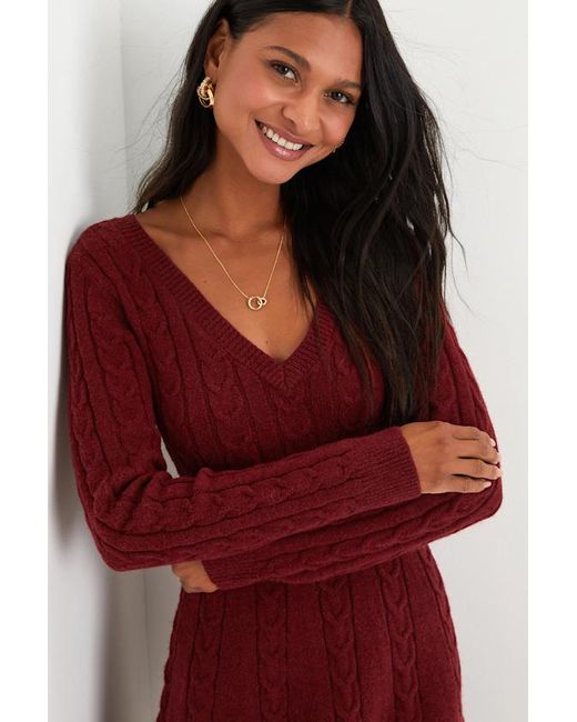 Lulus Red Sweetly Seasonal Cable Knit Sweater Mini Dress