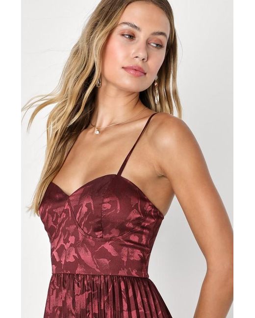 Lulus Red Chic Sensibility Satin Jacquard Pleated Midi Dress