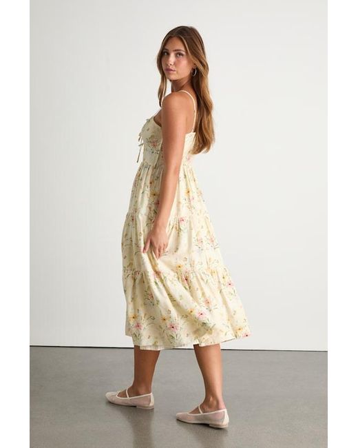 Lulus Natural Nattie Pale Floral Tie-Front Tiered Midi Dress