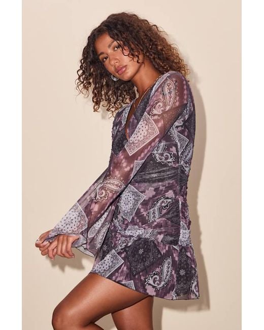 Lulus Purple Naylah And Boho Print Mesh Long Sleeve Mini Dress