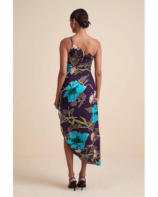 Lulus Blue Elzina Plum Floral Satin Asymmetrical Midi Dress