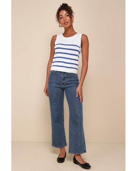 Lulus Blue Chic Tendencies Striped Sleeveless Sweater Top