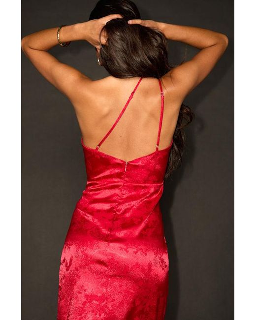 Lulus Red Desirable Dream Satin Jacquard Halter Neck Midi Dress