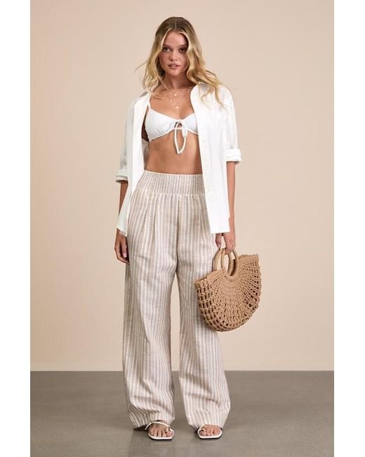 Lulus Natural Breezy Getaway Striped Linen Wide-Leg Pants