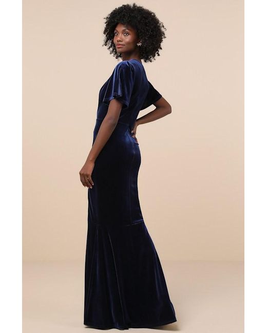 Lulus Blue Elegant Evenings Velvet Flutter Sleeve Trumpet Maxi Dress