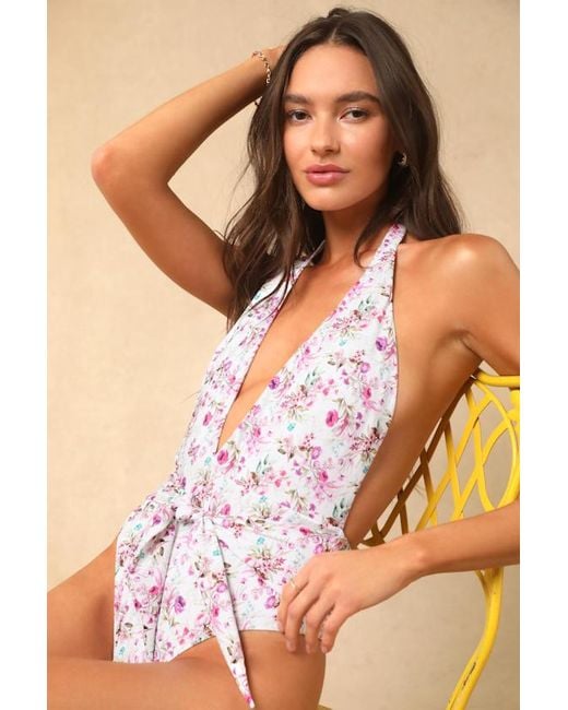 Lulus Brown Maldives Magic Floral Halter Plunge One-Piece Swimsuit