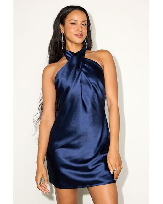 blue mini dress satin Navy Blue