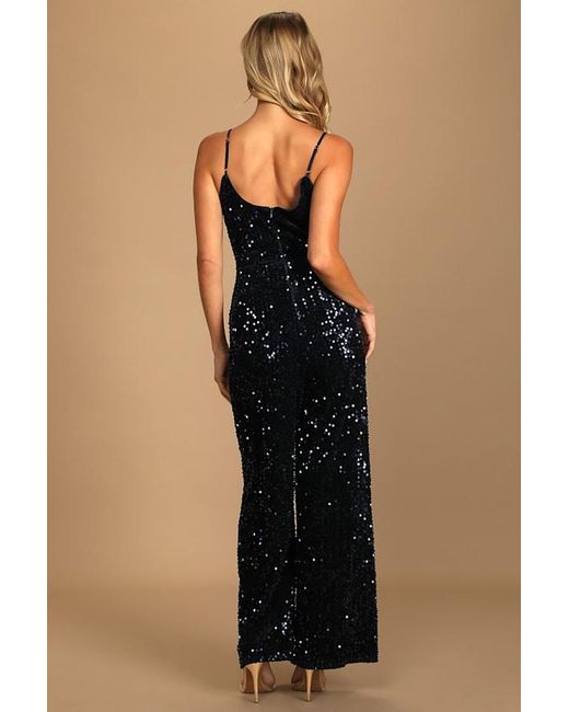 Lulus Blue Dazzling Demeanor Velvet Sequin Straight Leg Jumpsuit