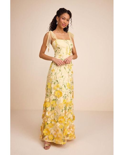 Lulus Yellow Thriving Poise 3D Floral Embroidered Tie-Strap Maxi Dress