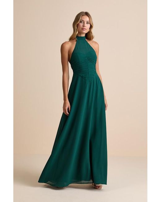 Lulus Green Cammie Emerald Halter Neck Ruched Maxi Dress