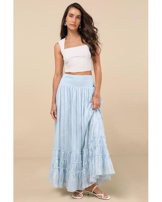 Lulus Blue Sunny Baby Smocked Tiered High-Waisted Midi Skirt