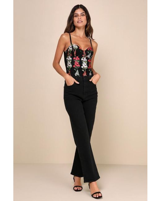 Lulus Black Essence Of Elegance Embroidered Bustier Bodysuit