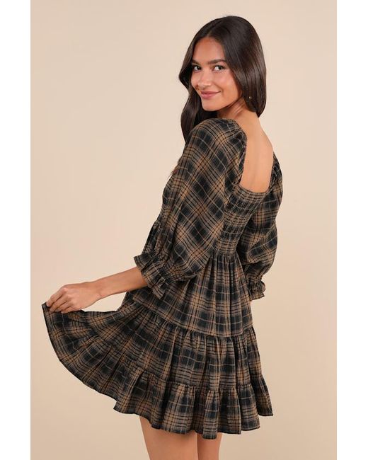 Lulus Brown No One Cuter Plaid Puff Sleeve Tiered Mini Dress