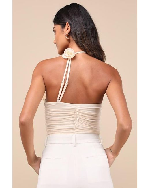 Lulus Natural Elyas Cream Mesh Ruched Rosette Backless Bodysuit