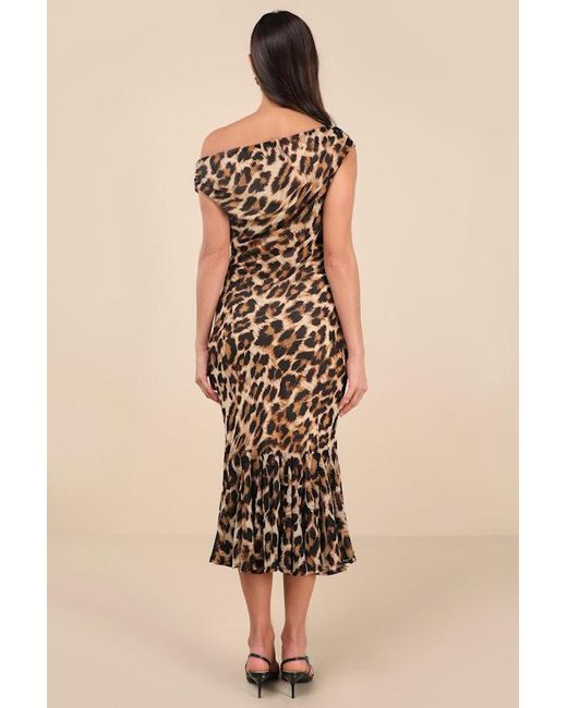 Lulus Natural Carden Leopard Print Asymmetrical Midi Dress
