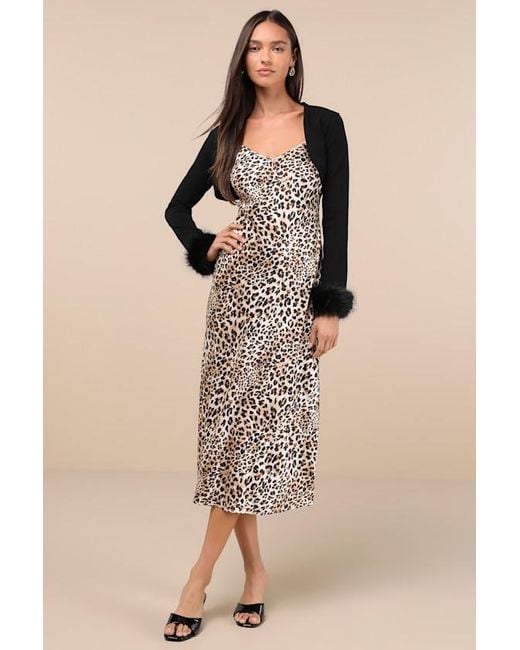 Lulus Brown Beyond Confident Leopard Print Satin Slip Dress And Shrug Set