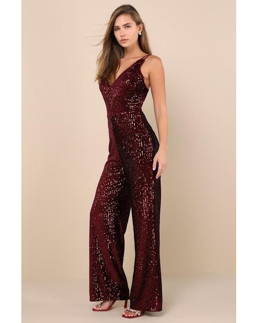 Lulus Red Sensational Energy Velvet Sequin Backless Jumpsuit