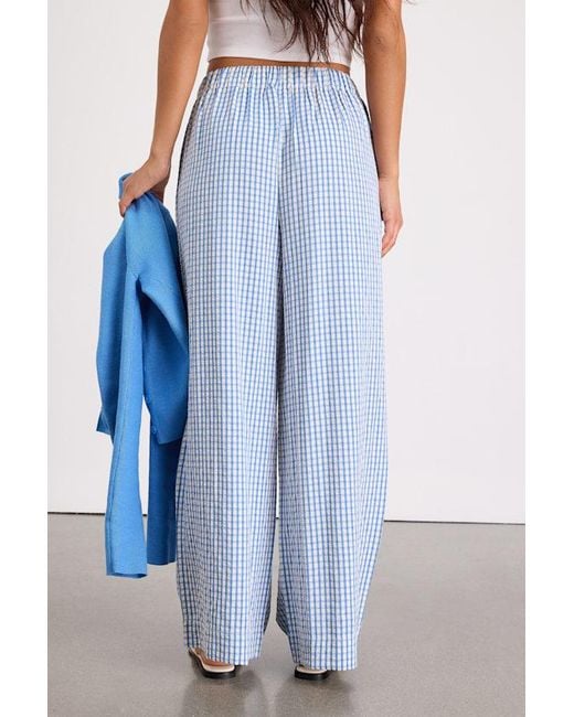 Lulus Blue Tilly Gingham Mid-Rise Wide-Leg Pants