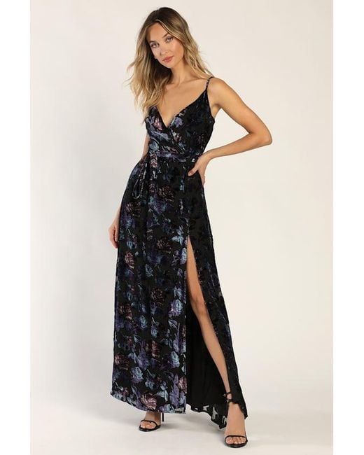 Lulus Blue Pretty Companion Floral Velvet Burnout Maxi Dress