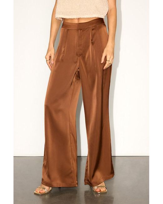 Lulus Brown Bessah Satin Wide Leg Mid-Rise Trouser Pants