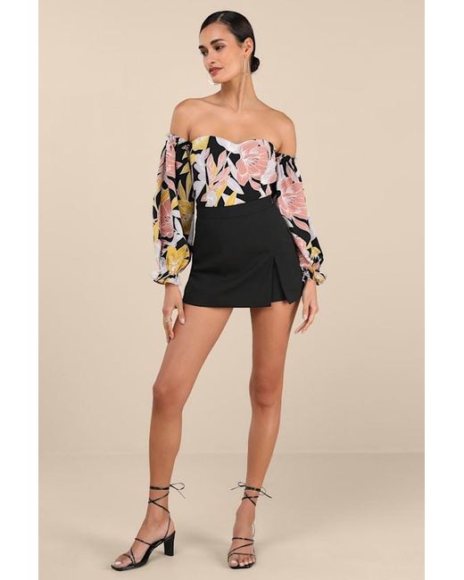 Lulus Black Bring The Blossom Floral Print Off-The-Shoulder Bodysuit