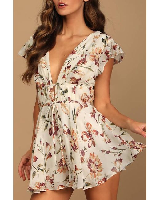 Lulus Brown Flirty Ways Cream Floral Print Flutter Sleeve Romper