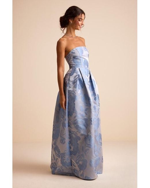 Lulus Blue Laurelin Floral Jacquard Pleated Strapless Maxi Dress