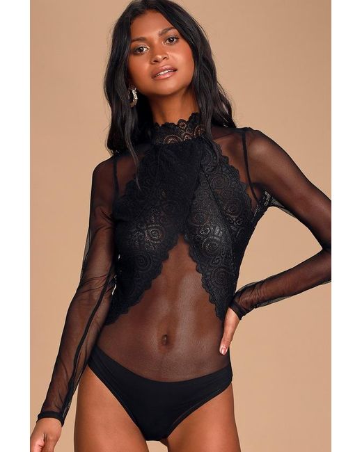 Lulus Show Stopping Sheer Lace Long Sleeve Bodysuit in Black Lyst UK