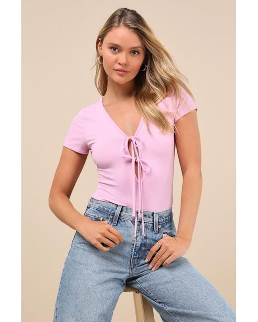 Lulus Pink Lovely Ties Ribbed Knit Tie-Front Short Sleeve Bodysuit