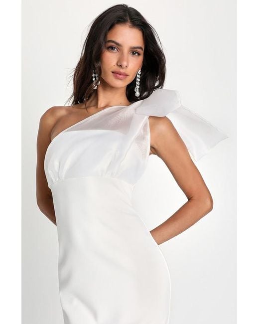 Lulus White Run The Party Bodycon Organza One-Shoulder Midi Dress